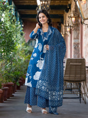 Printed Cotton Blend Kurta With Pants & Dupatta