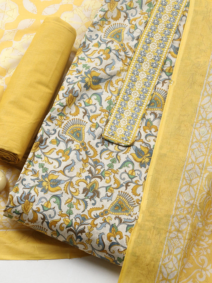 Printed Cotton Blend Unstitched Suit With Pant &amp; Dupatta