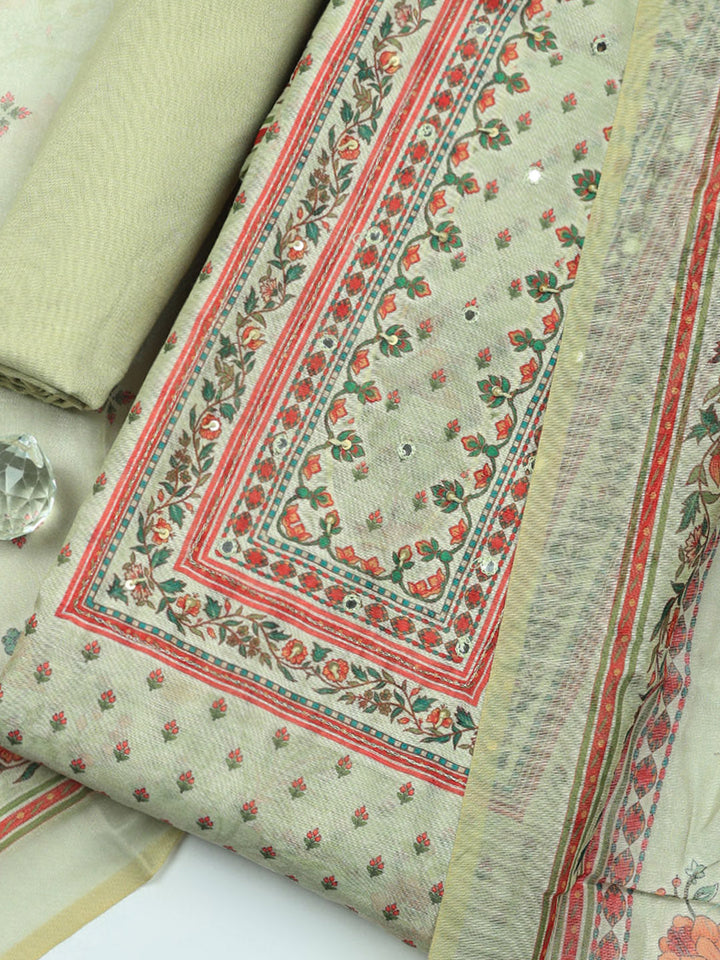 Embellished Chanderi Unstitched Suit With Pant &amp; Dupatta
