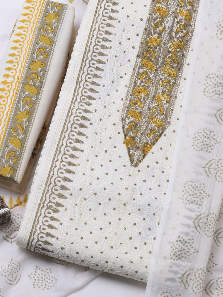Printed Cotton Blend Unstitched Suit With Pant &amp; Dupatta