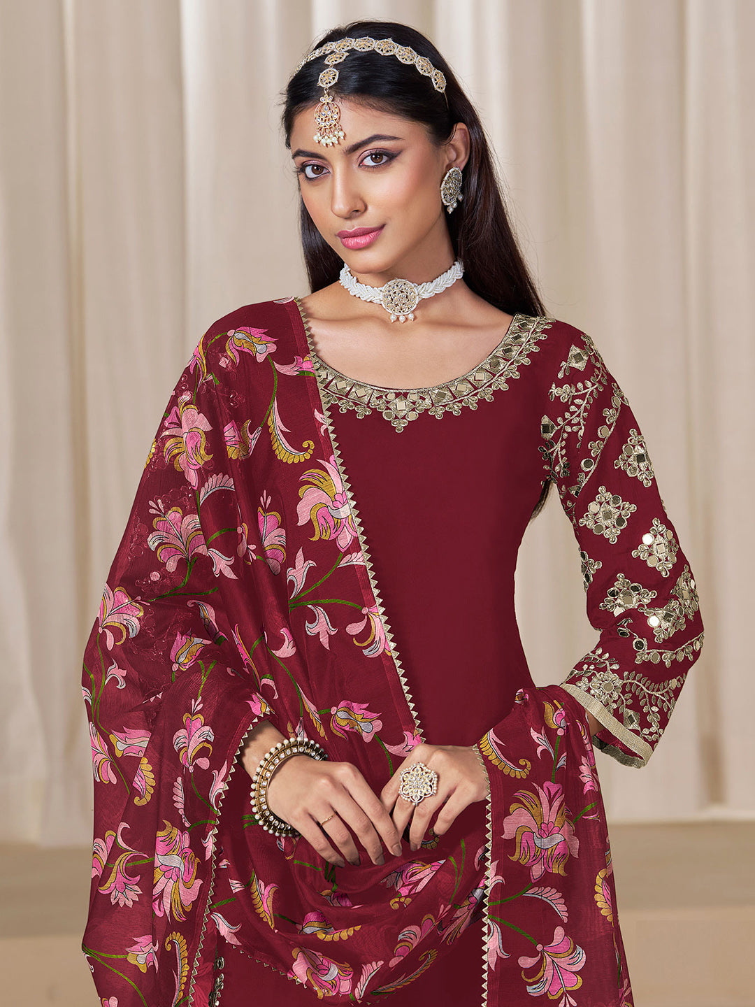 Embroidered Art Silk Semi Stitched Kurta With Patiala Salwar &amp; Dupatta
