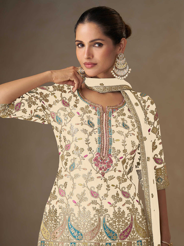 Embroidered Chinon Kurti With Skirt &amp; Dupatta
