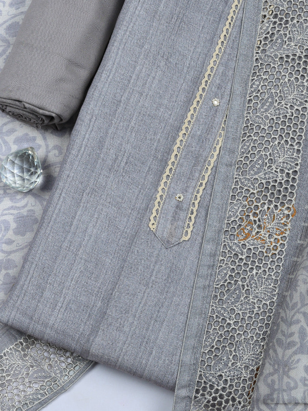 Embroidered Linen Blend Unstitched Suit With Pant &amp; Dupatta