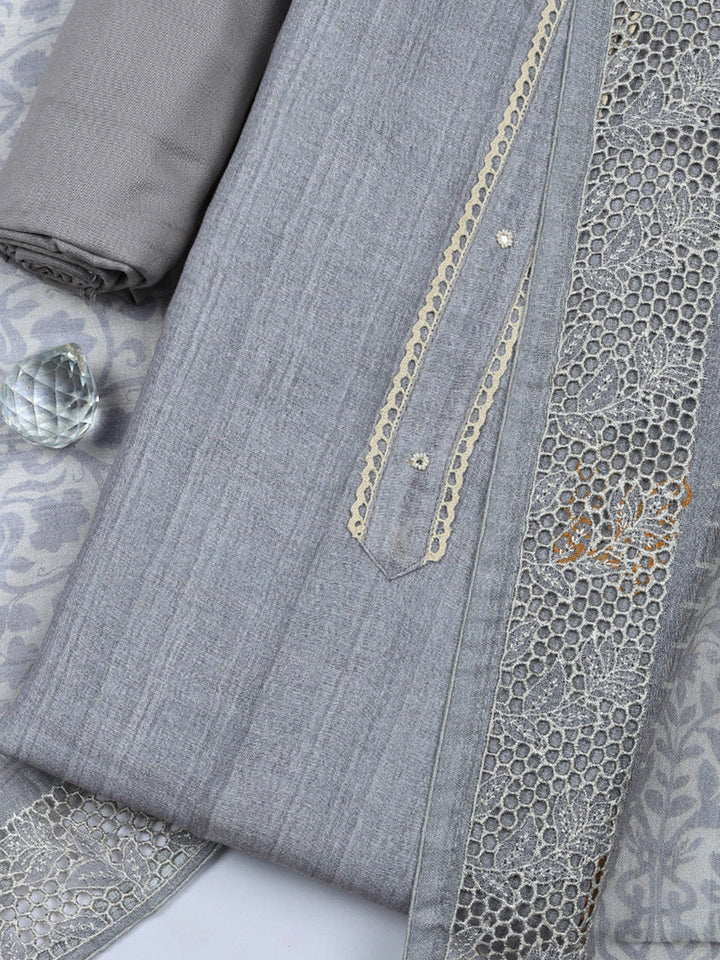 Embroidered Linen Blend Unstitched Suit With Pant &amp; Dupatta