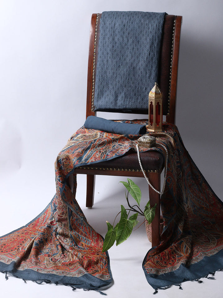 Printed Tussar Unstitched Kurta With Pant &amp; Dupatta