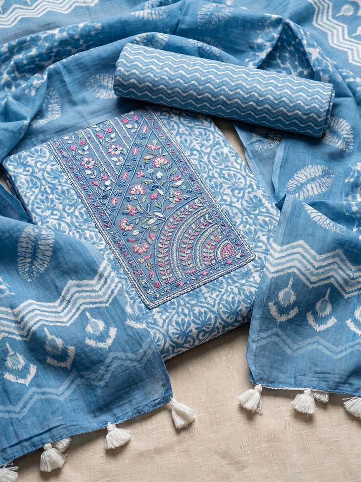 Printed Cotton Blend Unstitched Suit With Pant &amp; Dupatta