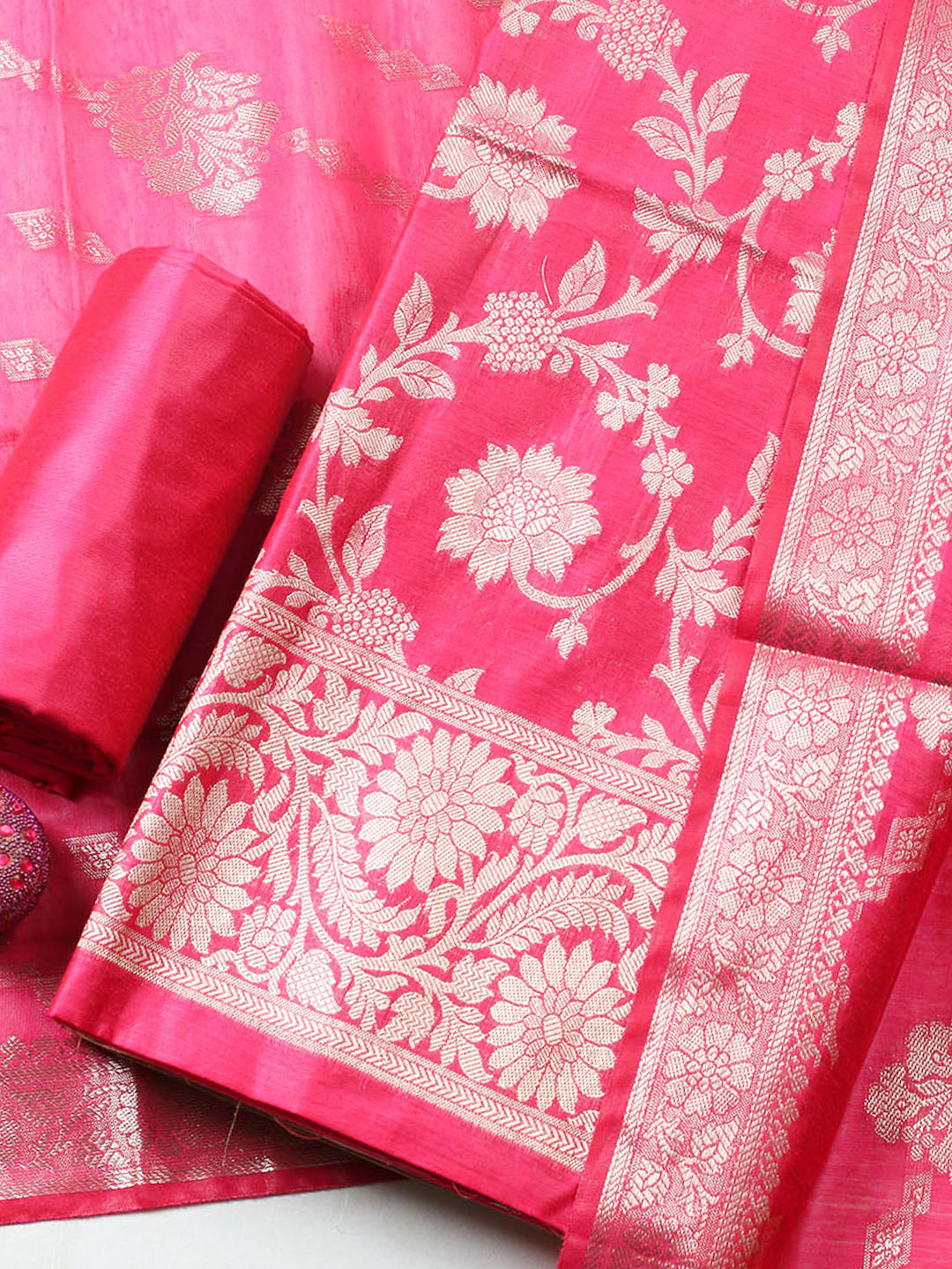 Woven Design Chanderi Unstitched Suit With Pant Dupatta