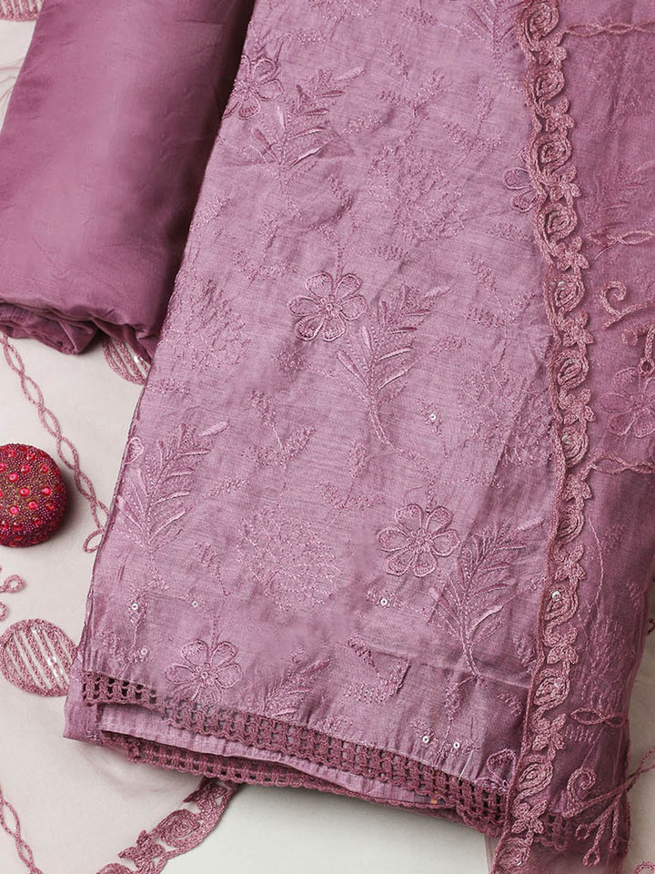 Embroidered Chanderi Unstitched Suit With Pant &amp; Dupatta