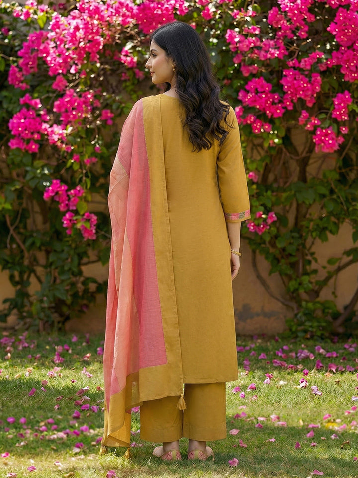 Embroidered Cotton Blend Kurta With Pant &amp; Dupatta