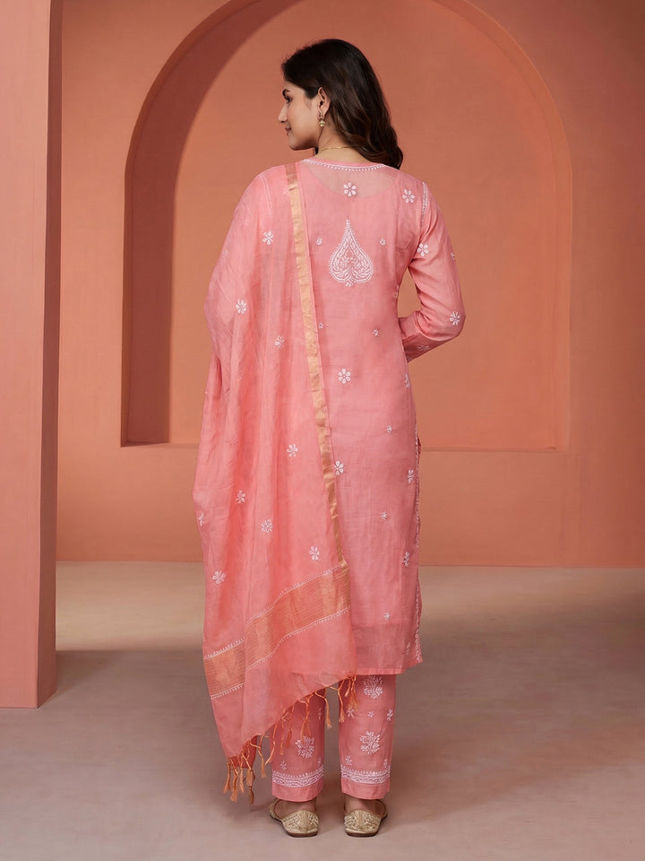 Embroidered Chanderi Suit Set With Dupatta