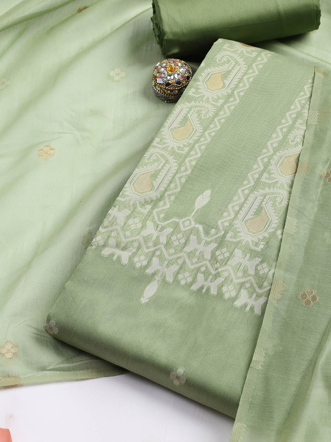 Jamdani Work Chanderi Unstitched Suit Piece With Dupatta