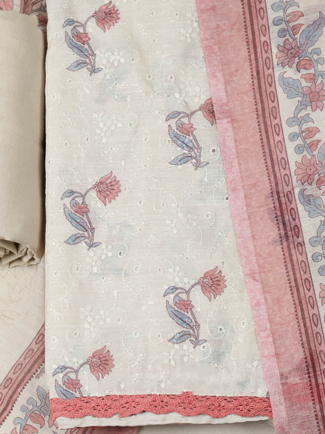 Embroidered Cotton Blend Unstitched Suit With Pant &amp; Dupatta