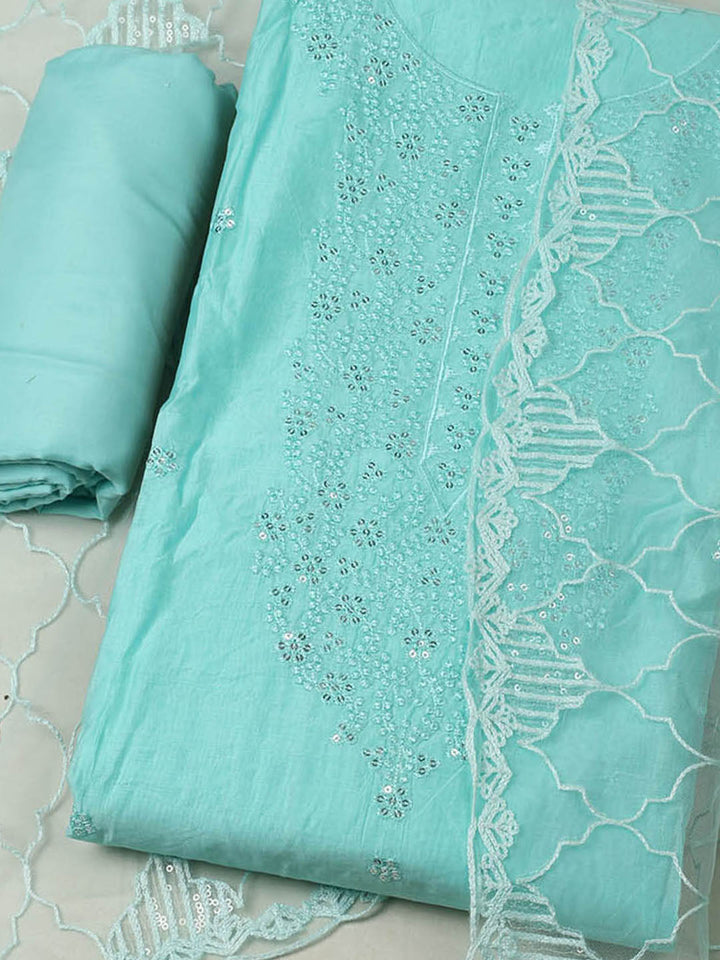 Embroidered Chanderi Unstitched Suit With Pant &amp; Dupatta