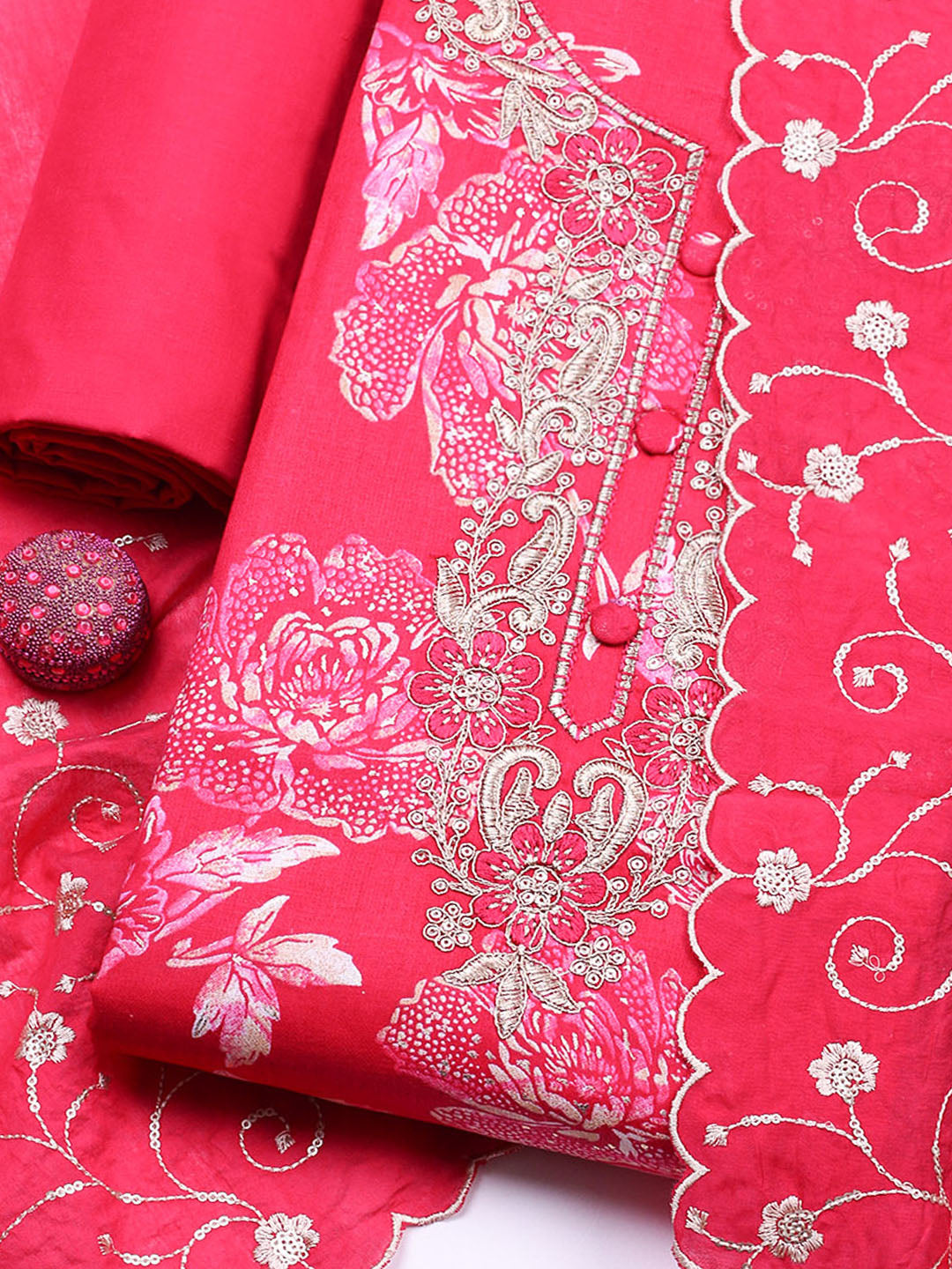 Embroidered Cotton Unstitched Suit With Pant &amp; Dupatta