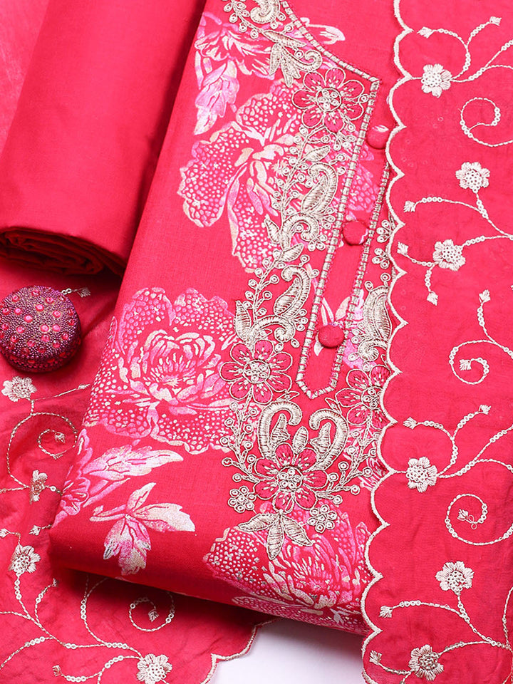 Embroidered Cotton Unstitched Suit With Pant &amp; Dupatta