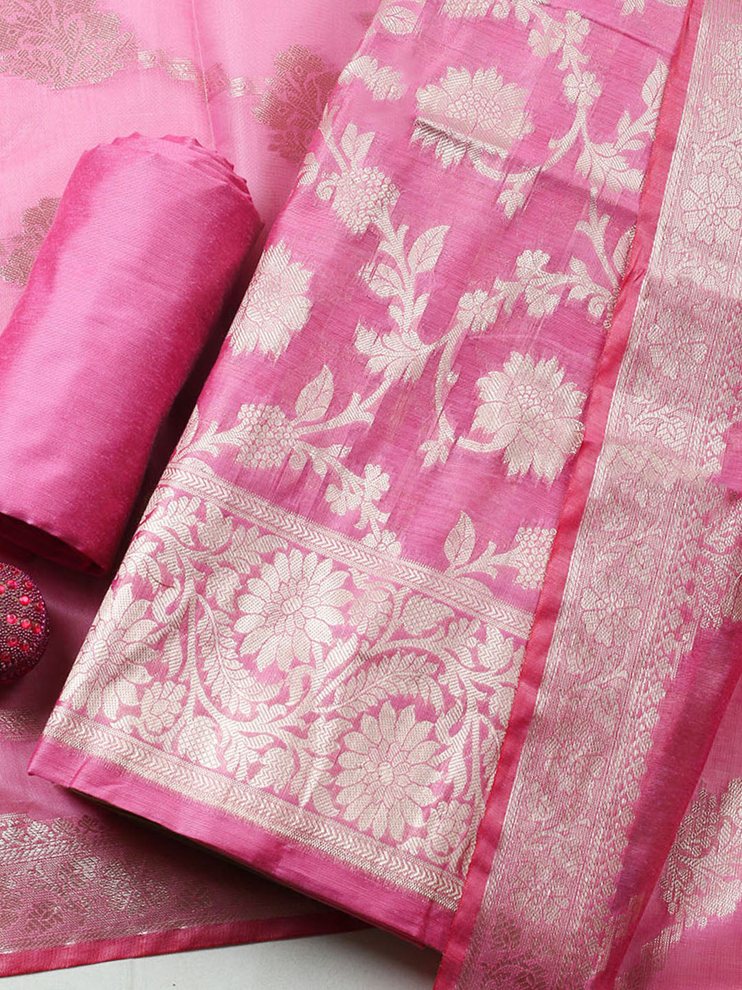 Woven Design Chanderi Unstitched Suit With Pant Dupatta