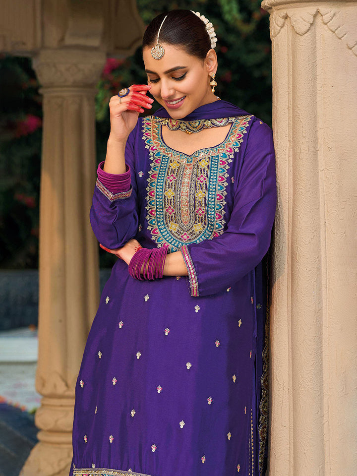 Embroidered Chinon Kurti With Plazzo &amp; Dupatta