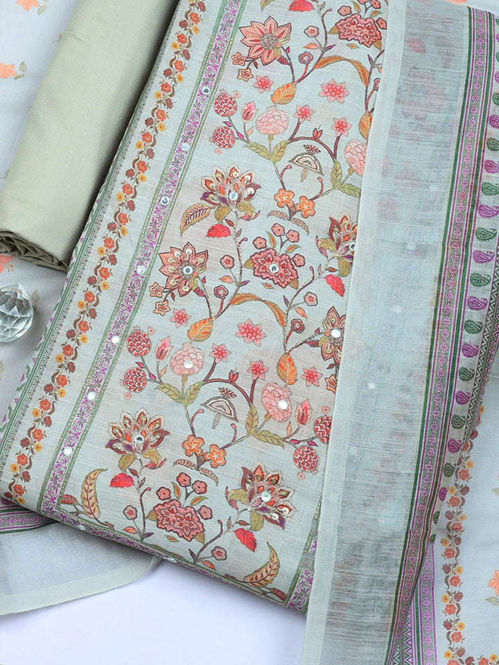 Printed Linen Blend Unstitched Suit With Pant &amp; Dupatta