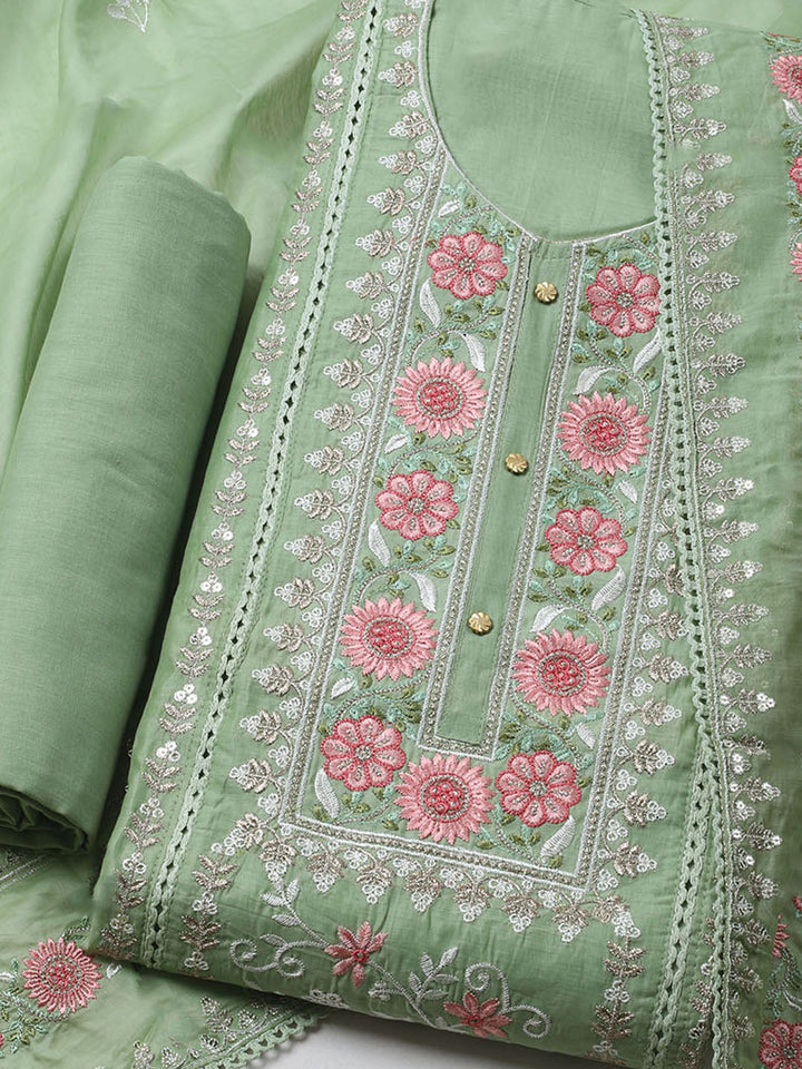 Embroidered Chanderi Unstitched Kurta With Pant &amp; Dupatta