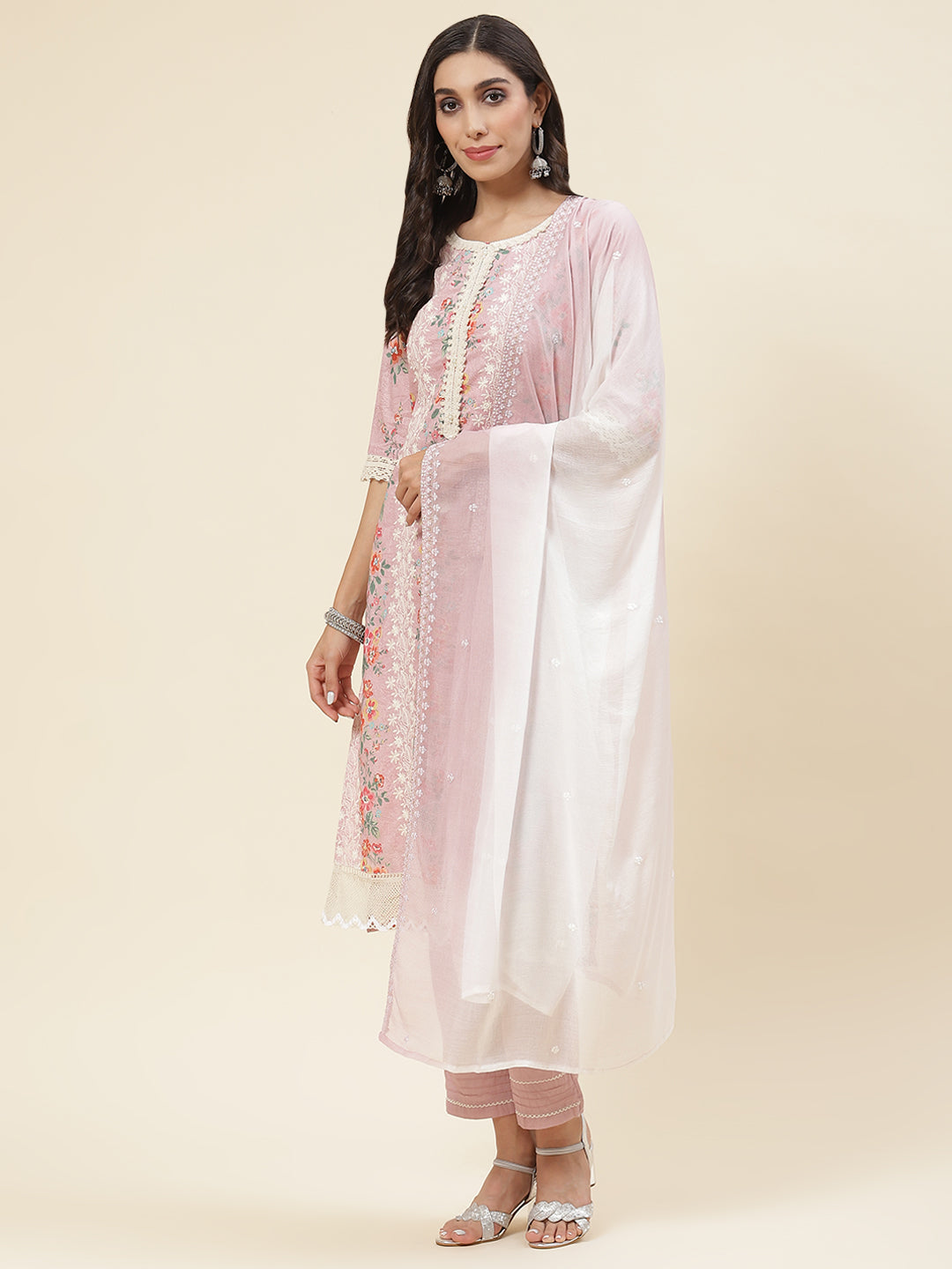 Floral Printed & Embroidered Cotton Kurta With Pants & Dupatta
