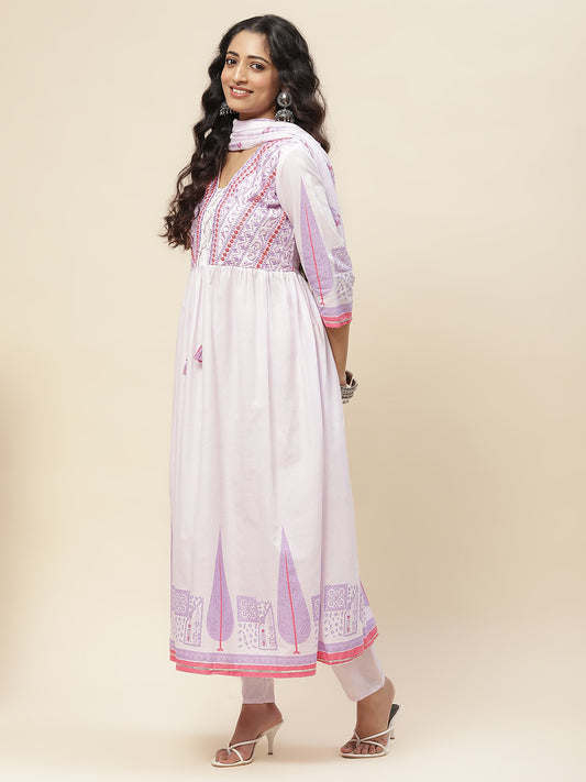 Mirror Neck Embroidered Cotton Blend Kurta With Pants & Dupatta