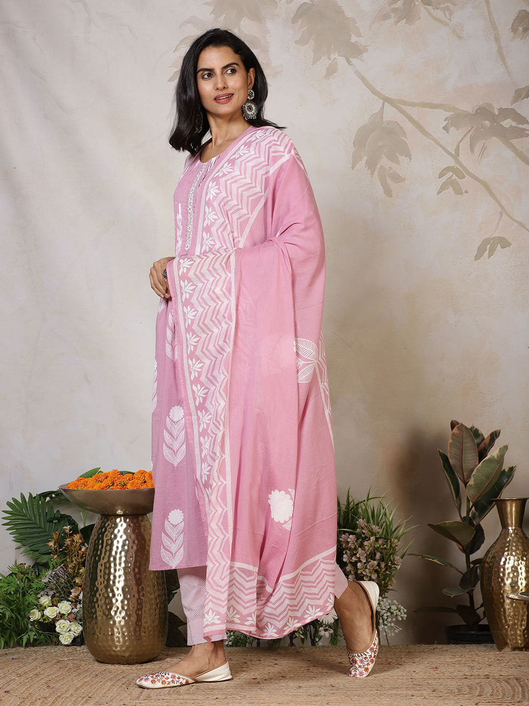 Printed Cotton Blend Kurta With Pants & Dupatta