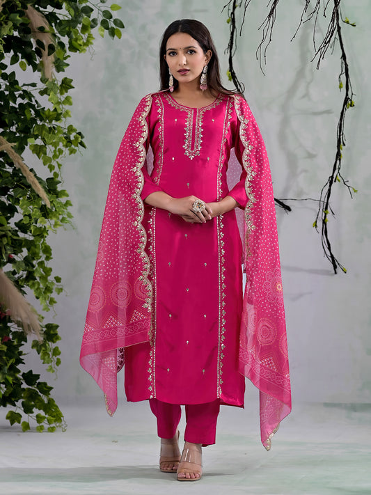 Neck Embroidery Cotton Blend Kurta With Pants & Dupatta