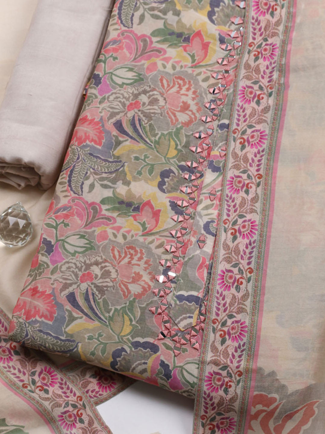 Embellished Muslin Unstitched Suit With Pant &amp; Dupatta