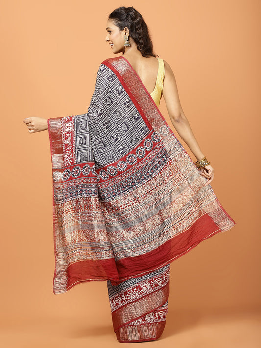 Floral Zari Border Printed Art Silk Woven Saree