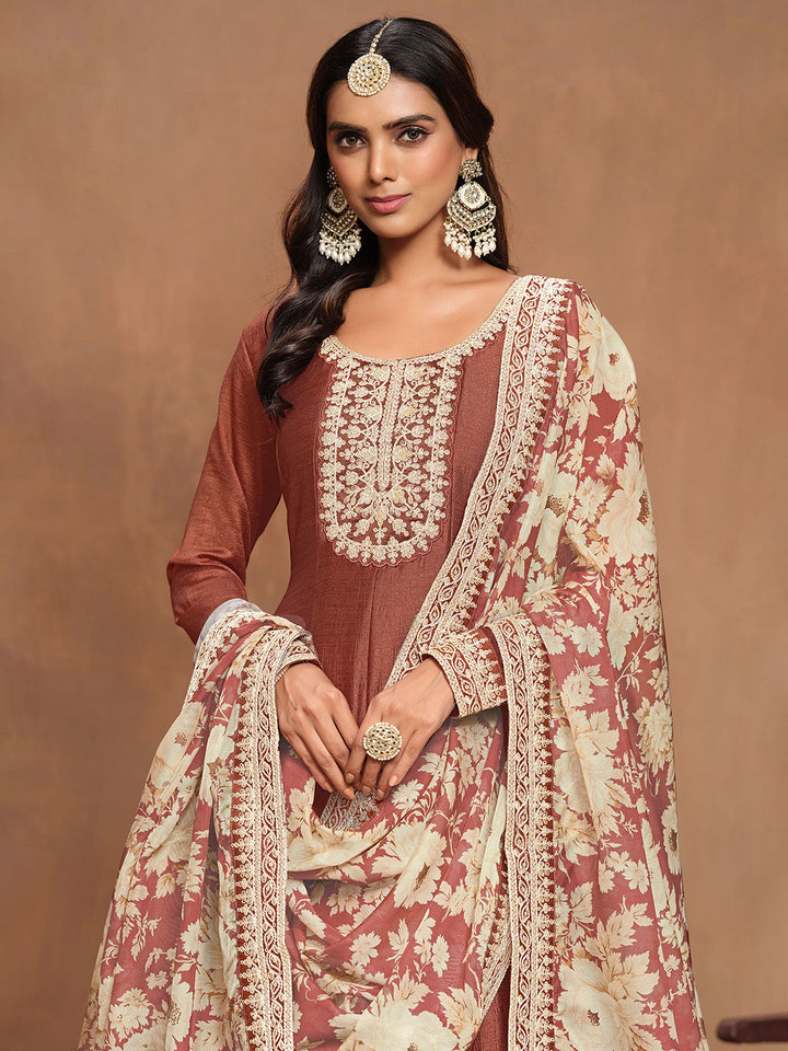 Embroidered Art Silk Semi Stitched Gown With Dupatta