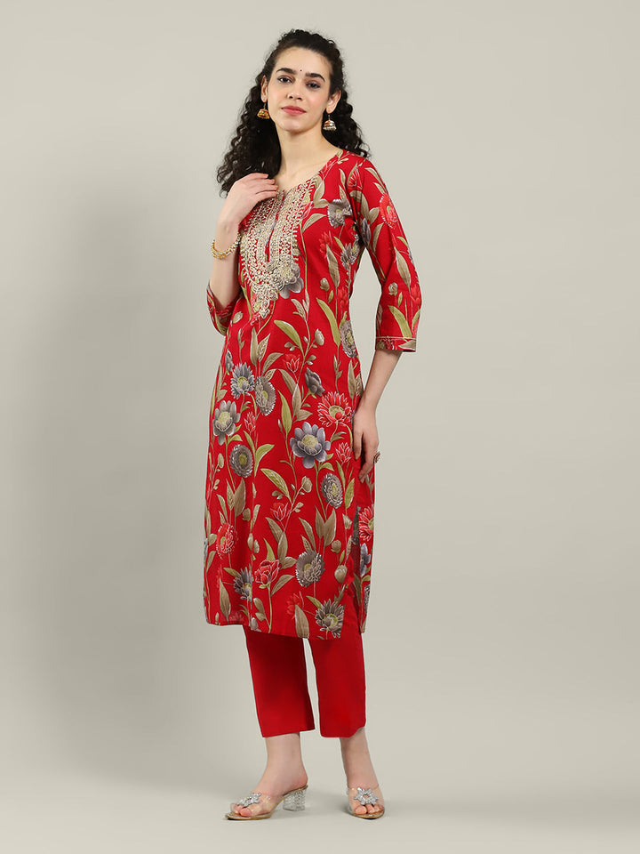 Neck Embroidered Cotton Blend Kurta With Pants