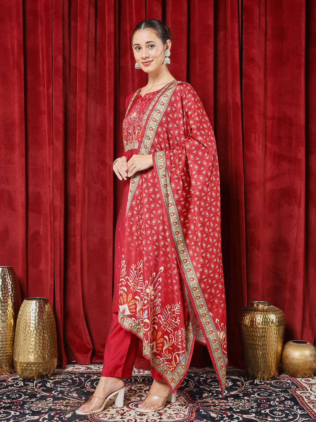 Printed Cotton Blend Kurta With Pants &amp; Dupatta