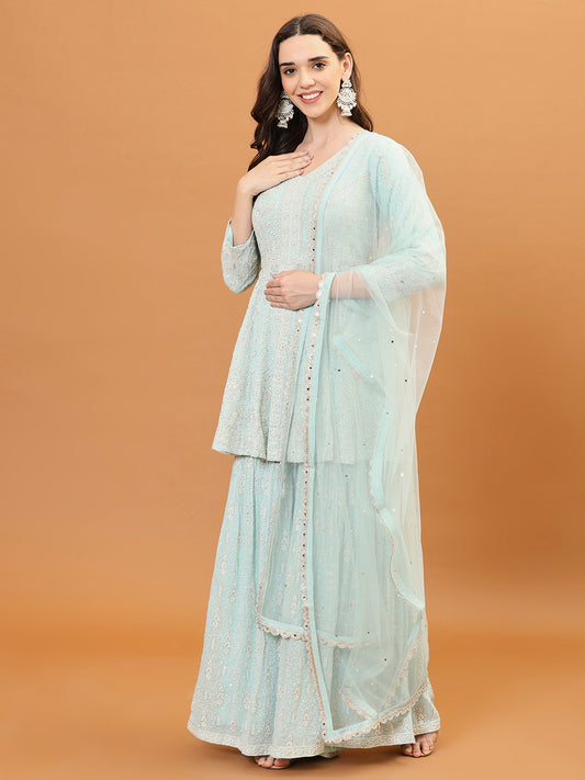 Resham Zari Embroidered Georgette Kurta With Garara & Dupatta