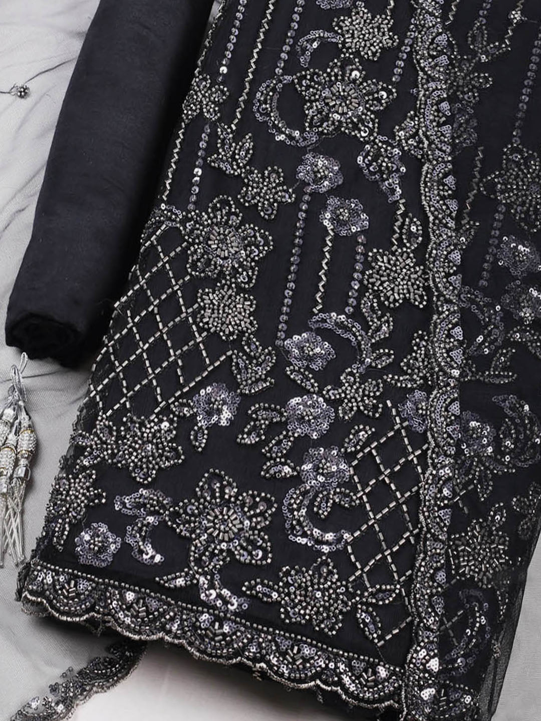 Embroidered Net Unstitched Suit With Pant &amp; Dupatta