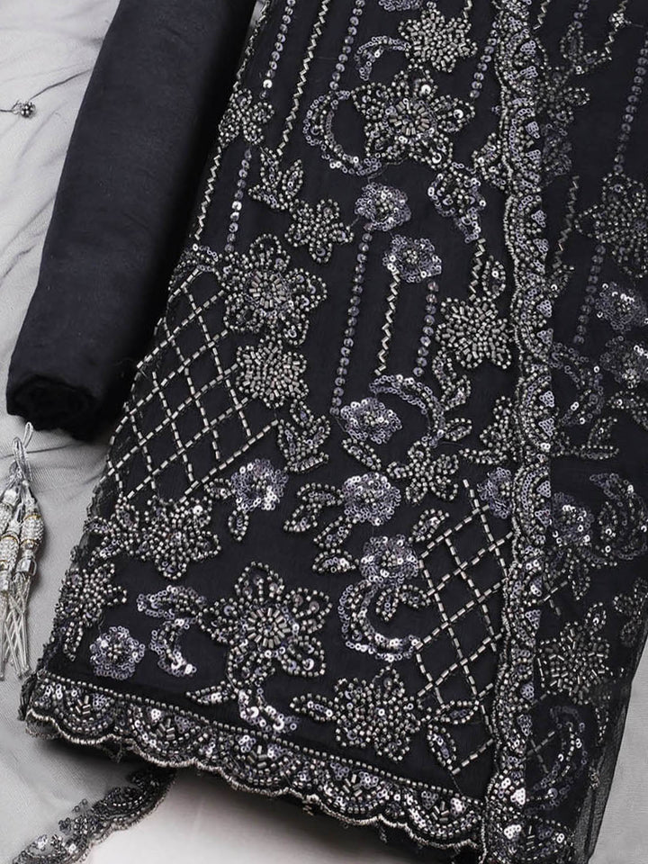Embroidered Net Unstitched Suit With Pant &amp; Dupatta