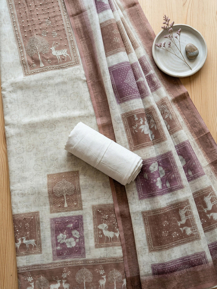 Printed Linen Blend Unstitched Suit With Pant &amp; Dupatta