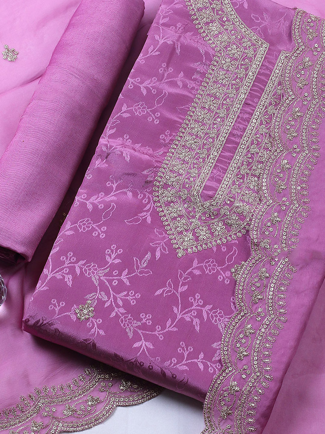 Embroidered Chanderi Unstitched Suit With Pant &amp; Dupatta