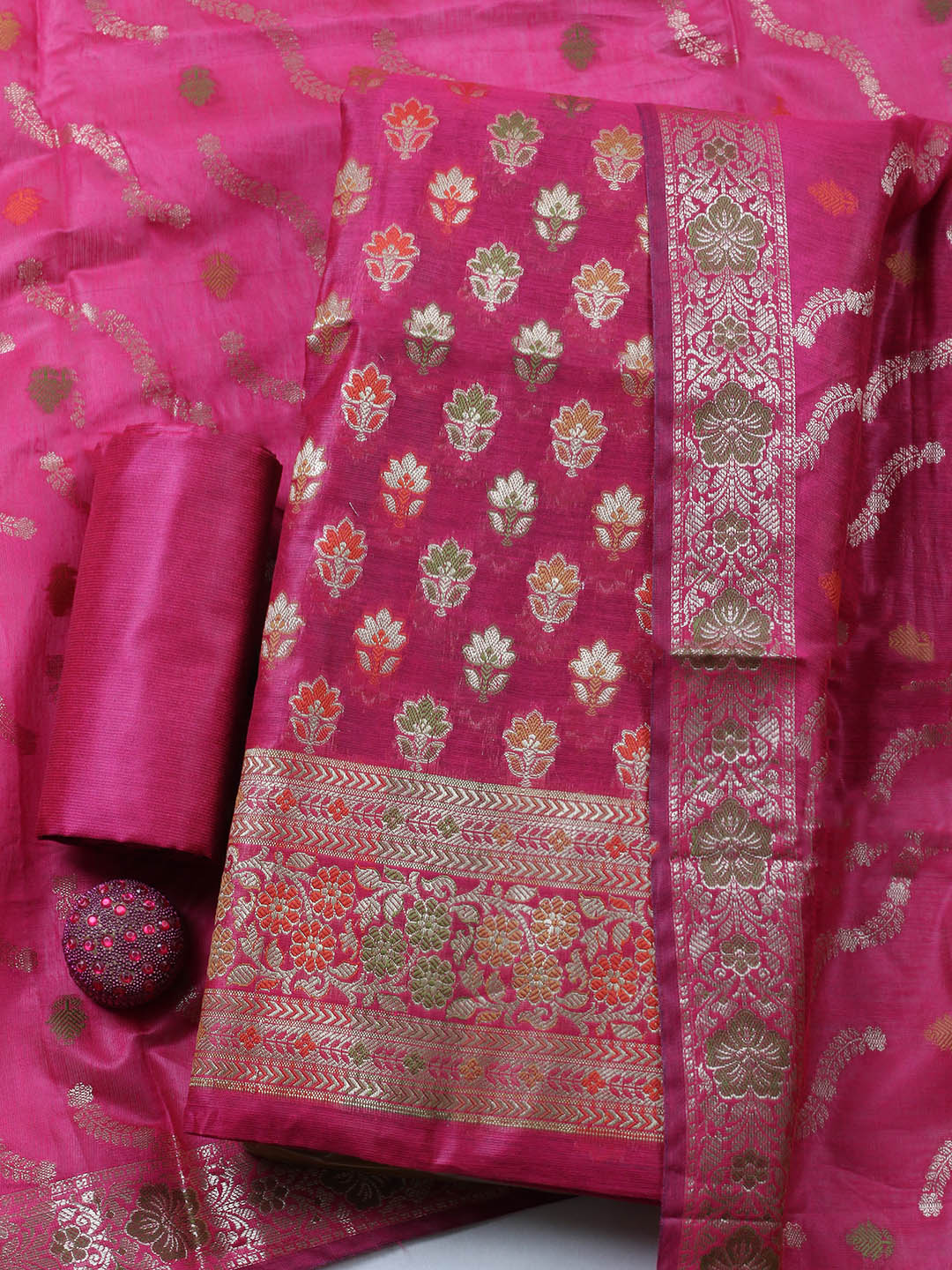 Banarasi Chanderi Unstitched Suit With Pant &amp; Dupatta