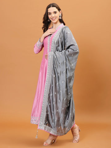 Resham Zari Embroidered Handloom Kurta With Pants & Dupatta