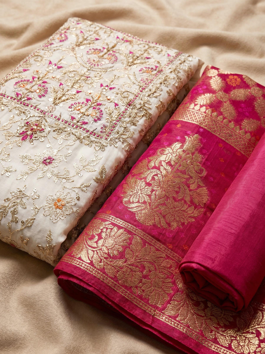 Neck Embroidered Chanderi Unstitched Suit With Dupatta