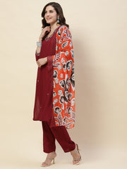 Neck Embroidery Cotton Kurta With Pants & Dupatta