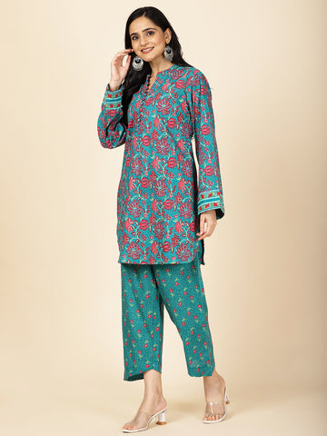 Floral Printed Cotton Kurti With Pants