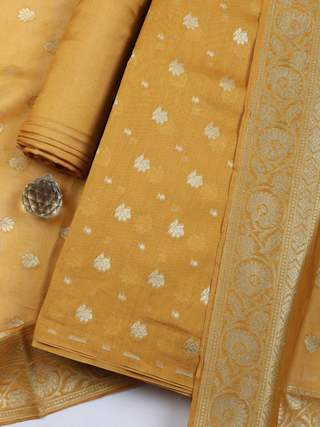 Embroidered Chanderi Unstitched Suit With Pant &amp; Dupatta