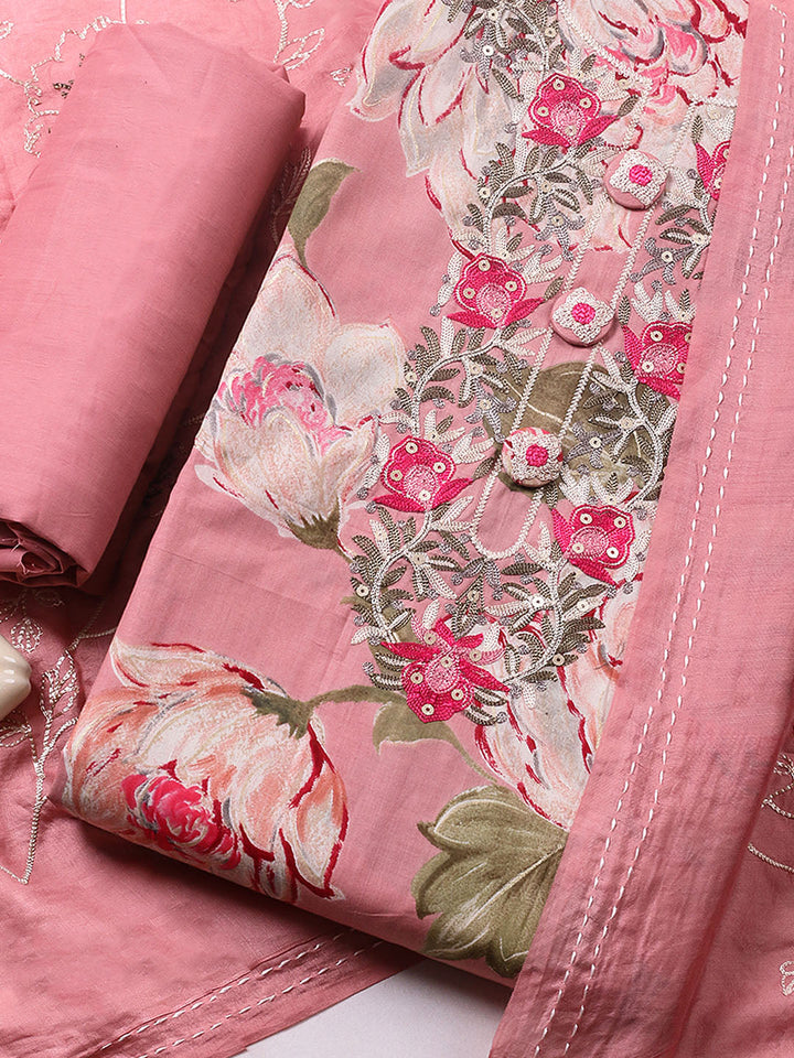 Embroidered Cotton Blend Unstitched Suit With Pant &amp; Dupatta