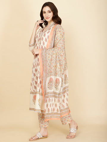 Floral Block Printed Cotton Kurta With Pants & Dupatta