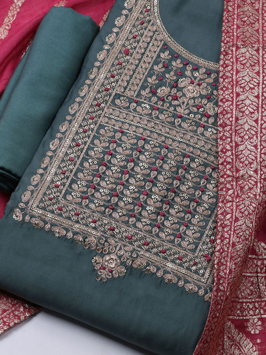 Embroidered Chanderi Unstitched Suit Piece With Dupatta