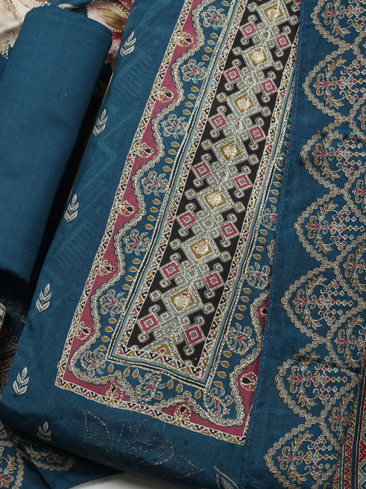Embroidered Muslin Unstitched Suit With Pant Dupatta