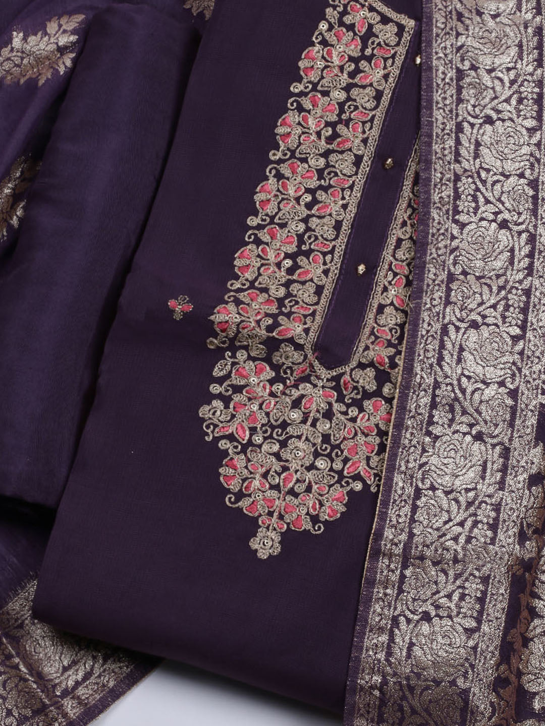 Neck Embroidered Cotton Blend Unstitched Suit With Dupatta