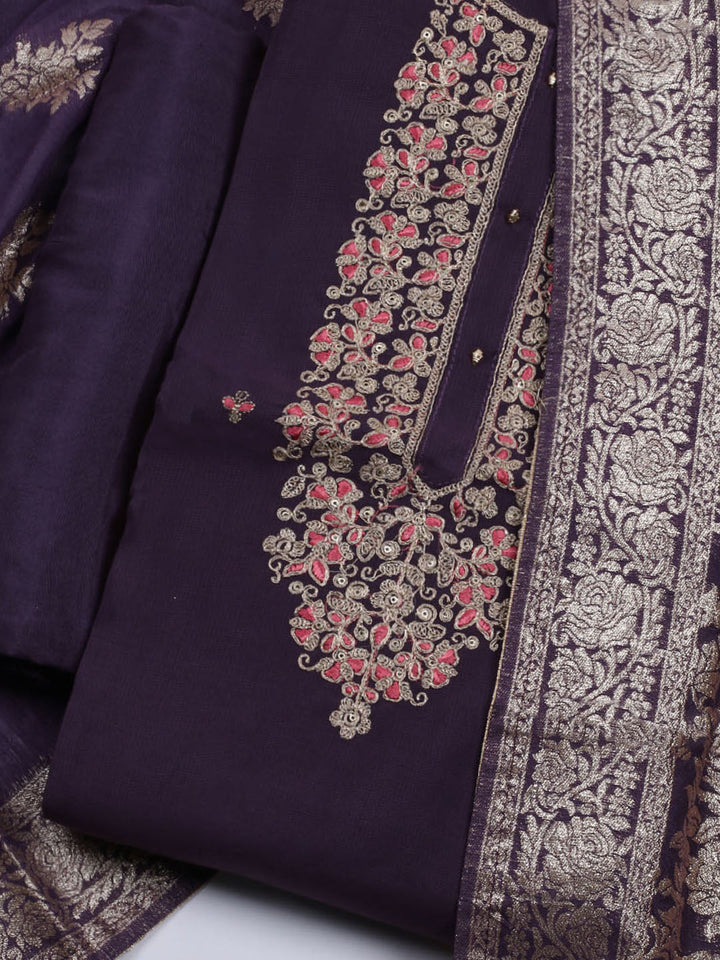 Neck Embroidered Cotton Blend Unstitched Suit With Dupatta