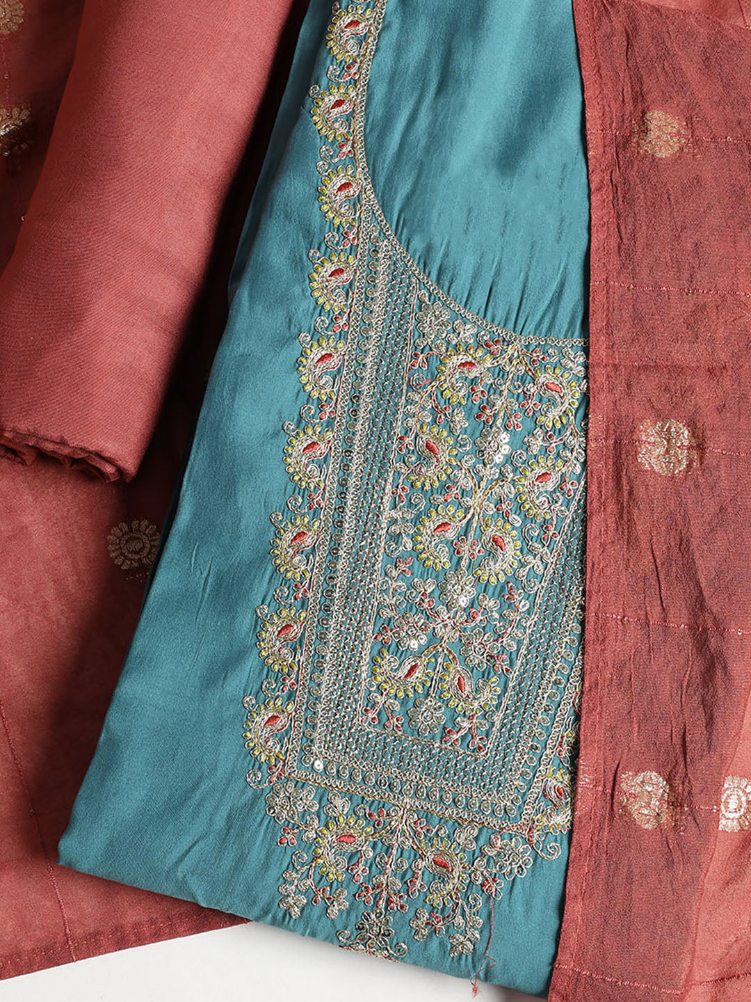 Neck Embroidered Cotton Blend Unstitched Suit With Dupatta